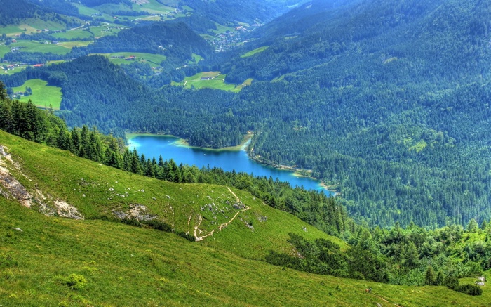 Mountain lake surrounded by forests and green hills