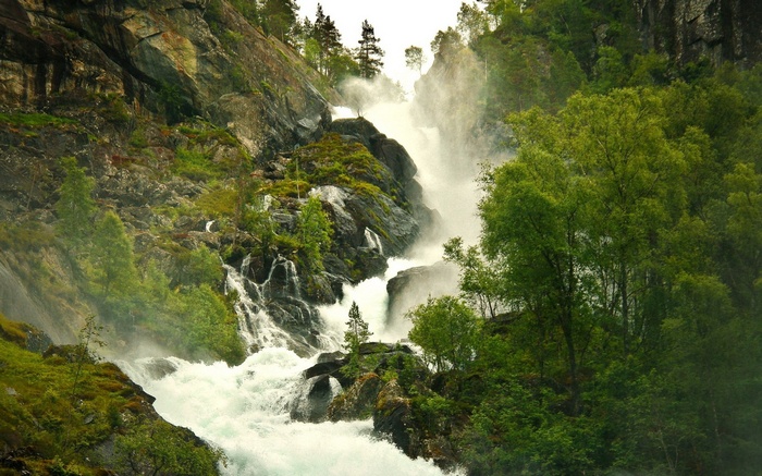 Waterfall cascading down a rocky, forested mountainside