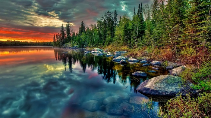 Sunset over a forest lake with reflections