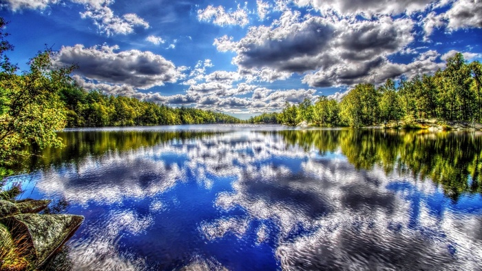 Lake reflecting trees and clouds under a blue sky