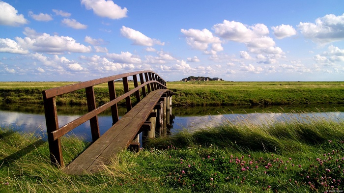 Wooden bridge over a canal in a grassy field