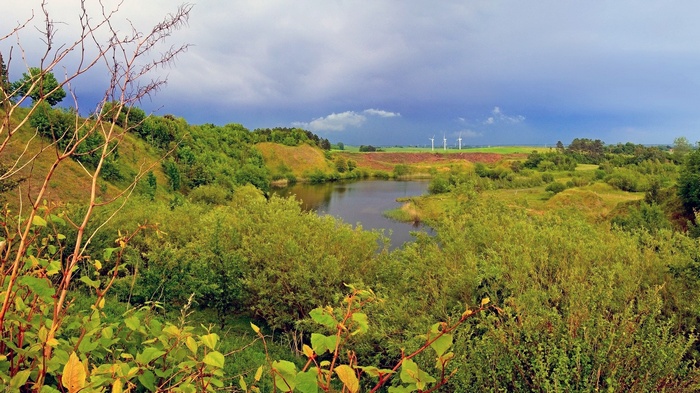 Wind turbines in a rural landscape with a lake