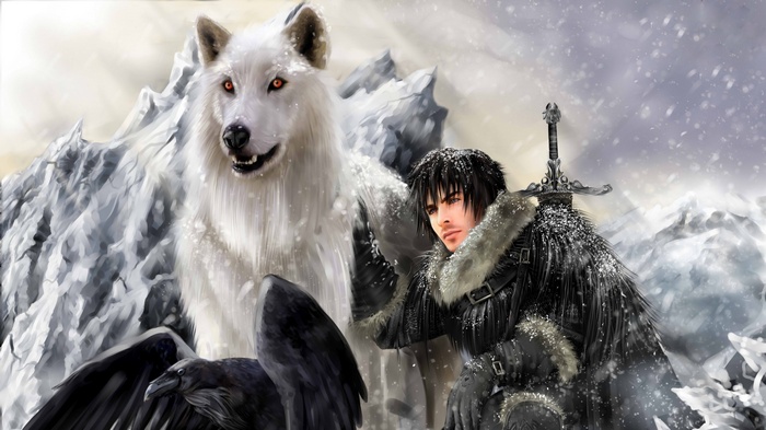 Jon Snow and Ghost with Ravens in Winter