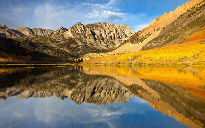 Lake reflection of mountains and autumn trees