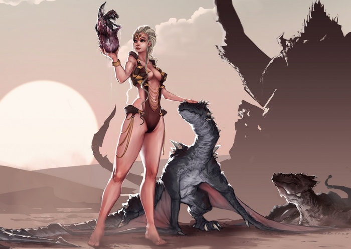 Woman holding dragon egg with dragons in desert