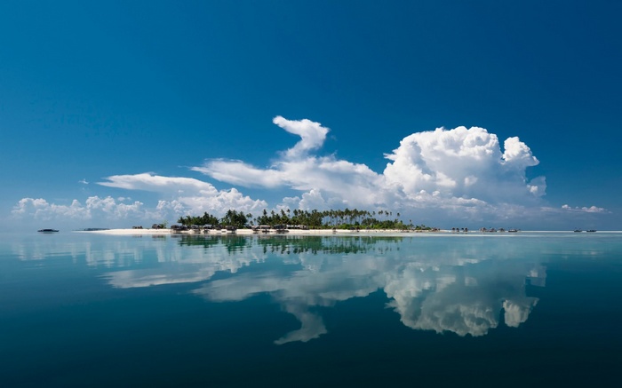 Island with palm trees and bungalows reflected in calm water