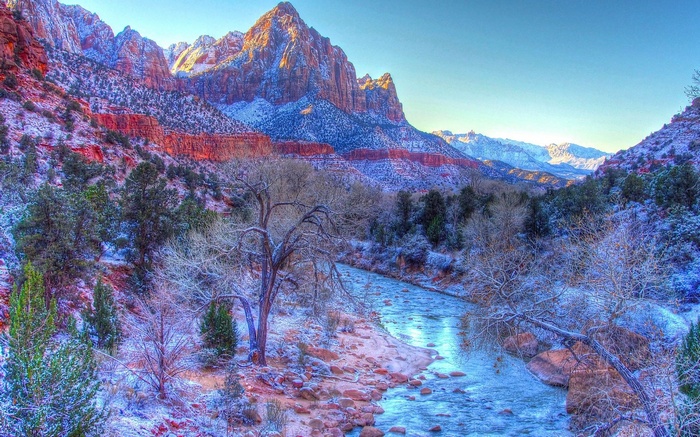 Snowy mountains and river in Zion National Park