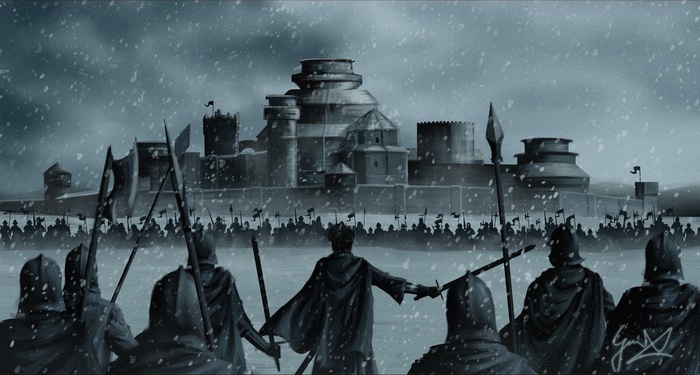 Army facing a castle in the snow
