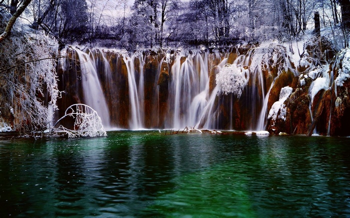 Frozen waterfall with green water and snow-covered trees
