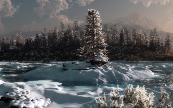 Winter landscape with snow-covered trees and mountains