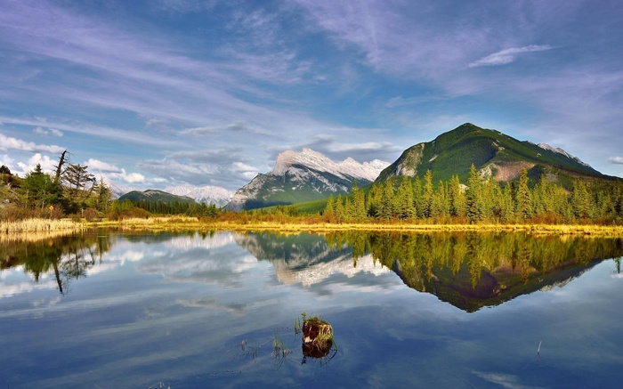 Mountain lake reflection with trees and sky