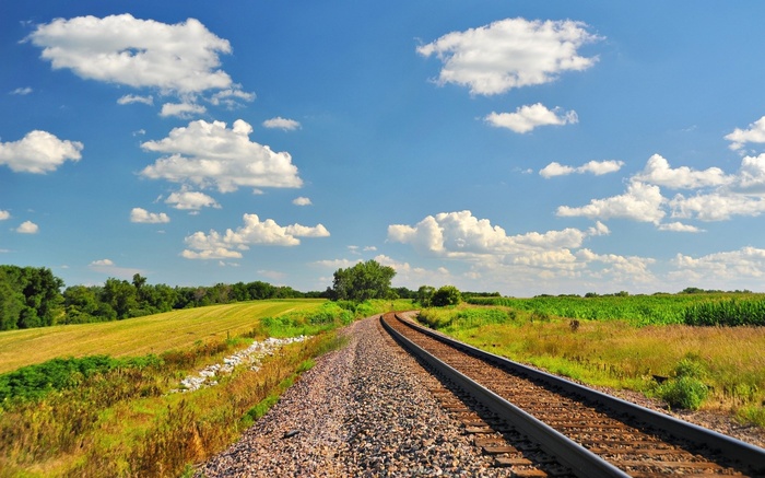 Train tracks curve through a rural landscape with fields and clouds
