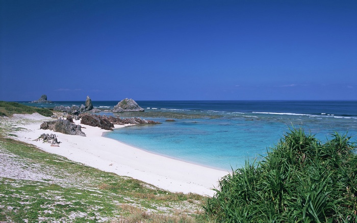 Tropical beach with rocky outcrops and clear blue water