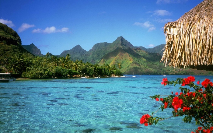 Tropical island with mountains and clear blue water