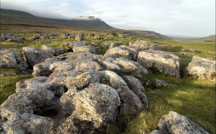Limestone pavement with hills in the background