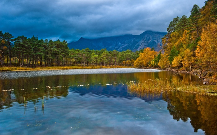 Autumn forest reflected in a lake with mountains