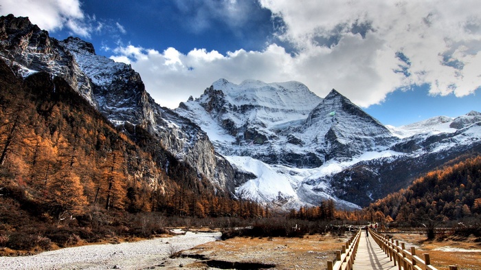 Snow-capped mountains and autumn trees with a wooden walkway
