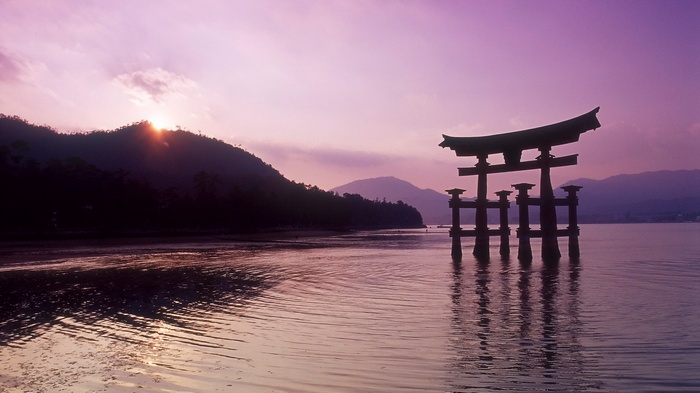 Torii gate in water at sunset