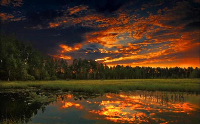 Sunset over a lake with trees and clouds