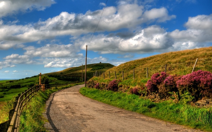 Dirt road winding through grassy hills under a cloudy sky