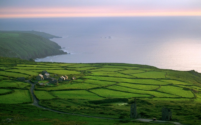 Coastal Farmland with Stone Ruins and Ocean