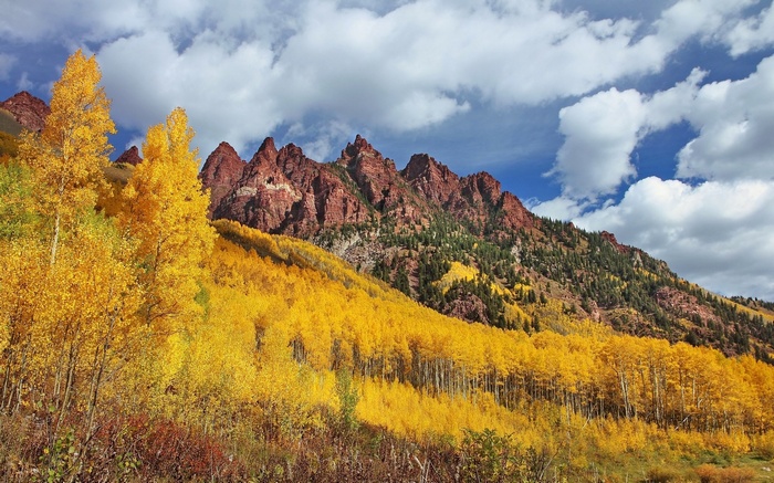 Maroon Bells in Autumn with Yellow Aspen Trees