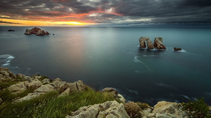 Rocky coast and sea stacks at sunset