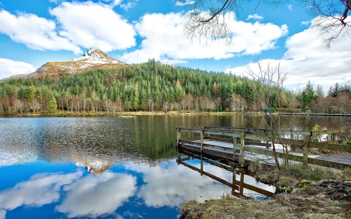 Wooden pier on a lake with a snow-capped mountain and forest