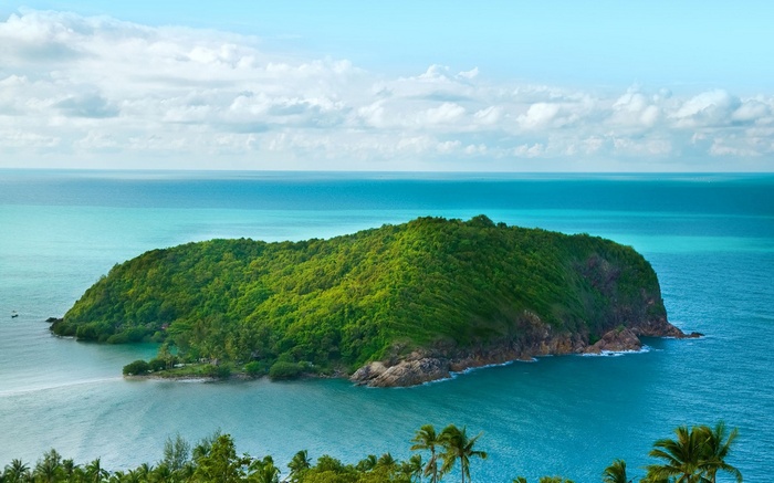 Island covered in green trees surrounded by blue ocean