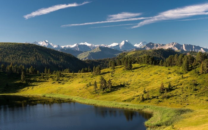 Lake and mountains with green hills and pine trees