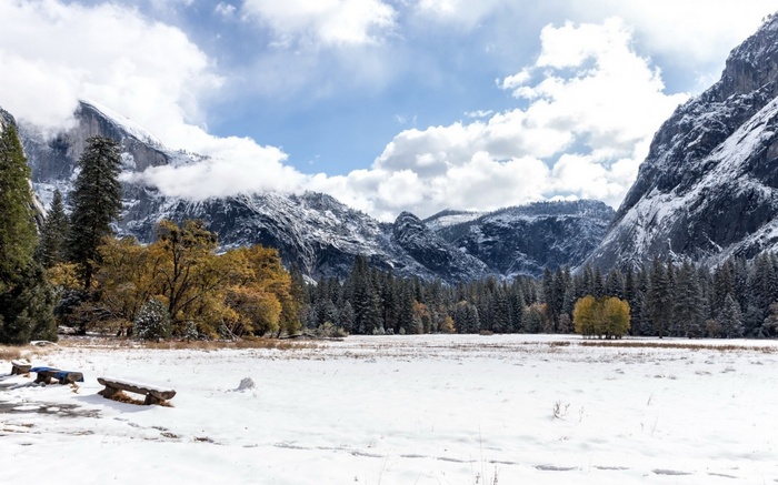 Snowy Yosemite Valley with Mountains and Trees