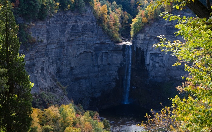 Waterfall cascading down a rocky cliff face in autumn