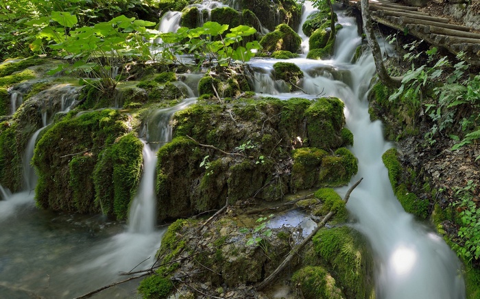 Mossy rocks with waterfalls and a wooden walkway