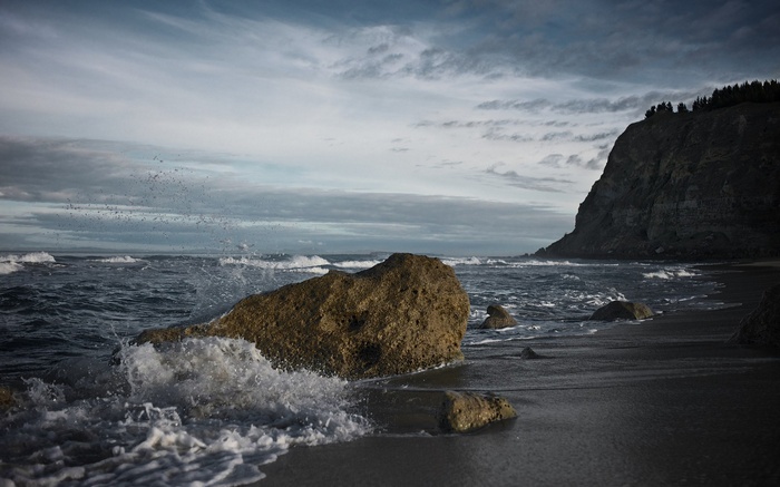 Waves crashing on a rocky beach with a cliff