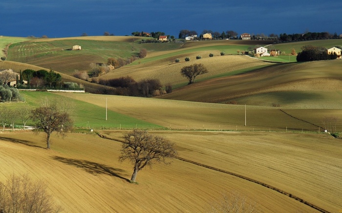 Rolling hills with fields and houses under a dark sky