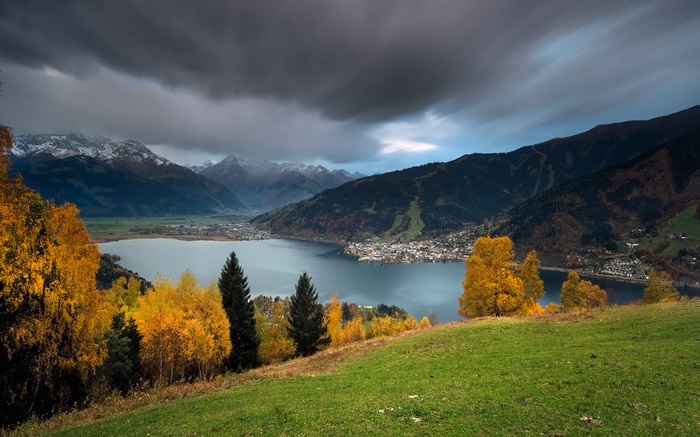 Autumn landscape with lake and mountains