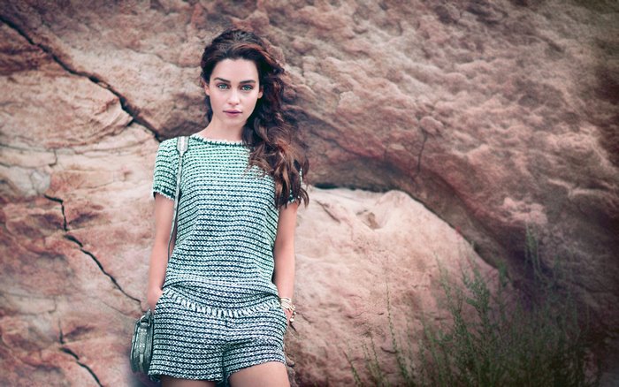 Emilia Clarke in a patterned outfit