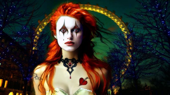 Keira Knightley as a clown with a heart tattoo