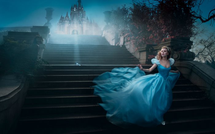 Scarlett Johansson as Cinderella on castle stairs