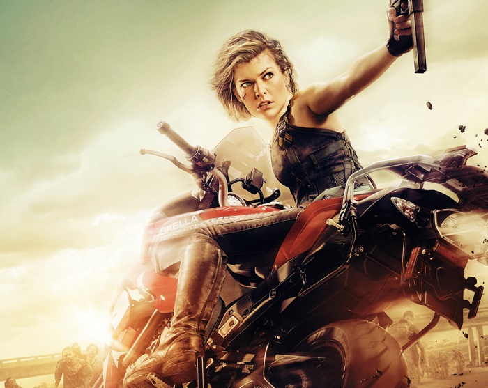 Milla Jovovich on a motorcycle with zombies