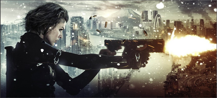 Milla Jovovich firing a gun in a city