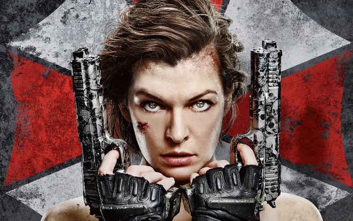Alice from Resident Evil holding guns