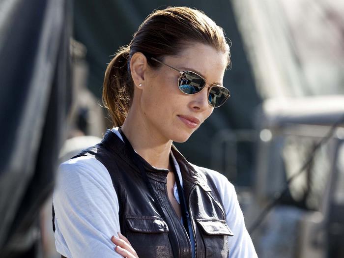 Jessica Biel wearing sunglasses and vest
