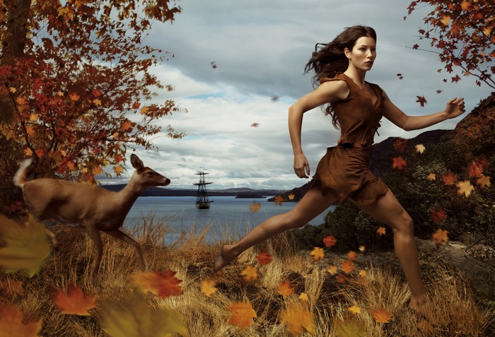 Jessica Biel running with a deer in autumn