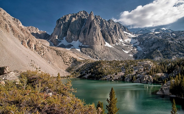 Jagged mountain peaks above a turquoise lake and pine forest