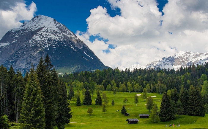 Snow-capped mountain and green golf course with trees