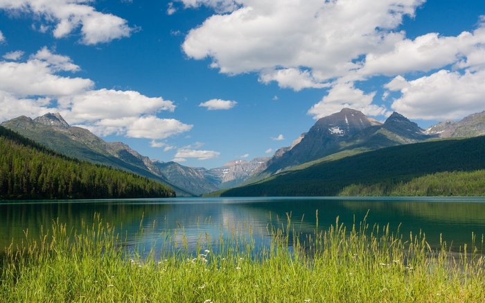Lake and Mountains with Green Grass Foreground