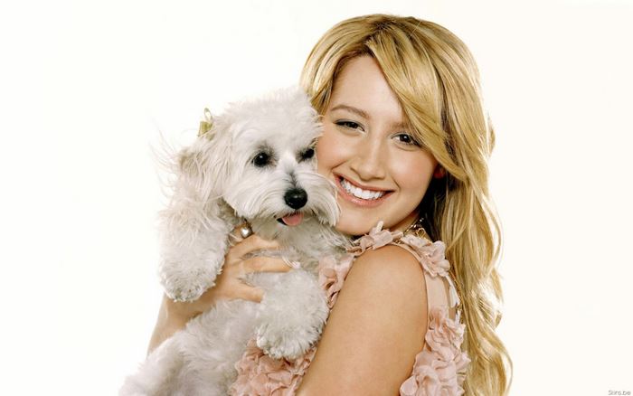 Ashley Tisdale holding a white dog