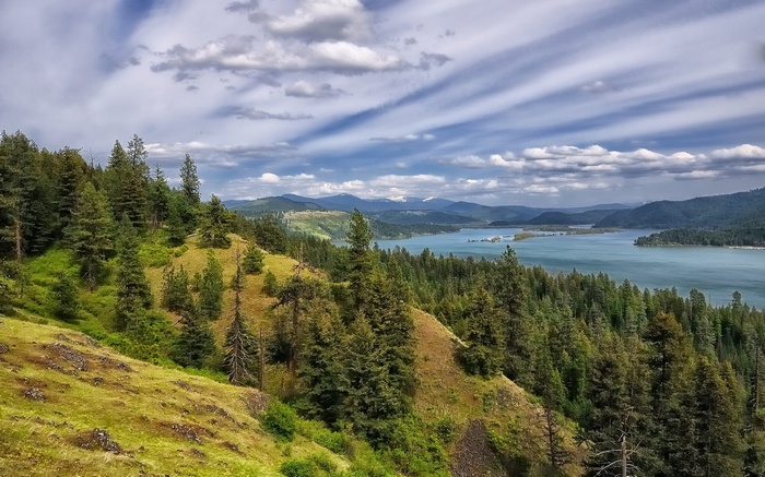 Mountain lake surrounded by pine forest under cloudy sky