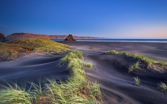Black sand dunes and grassy hills by the ocean